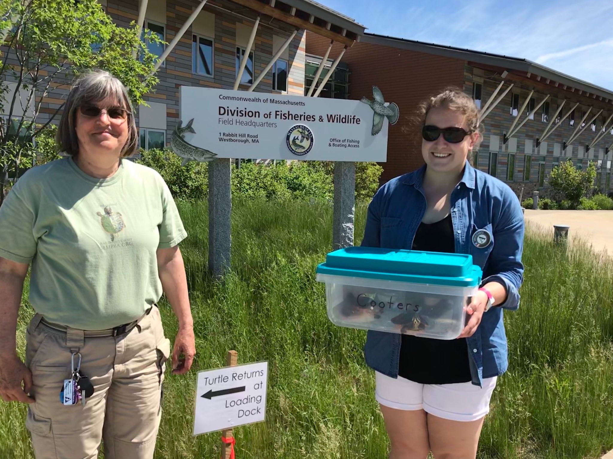 Lisa and Molly turning in the 2018 turtles at MassWildlife headquarters.